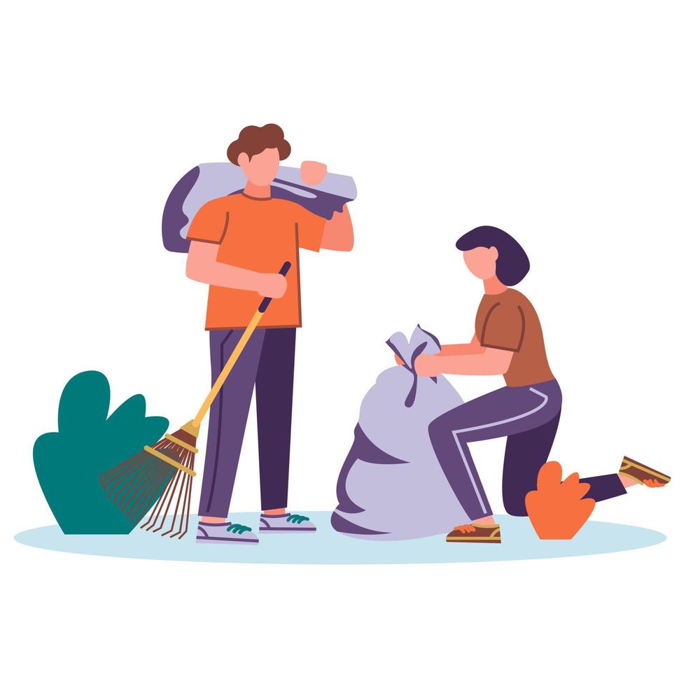 caricaturista joven y mujer trabajando como voluntarios, sosteniendo bolsas de plástico llenas después de limpiar o clasificar, trabajando en un servicio de recolección de residuos. ilustración vectorial en un estilo plano. vector