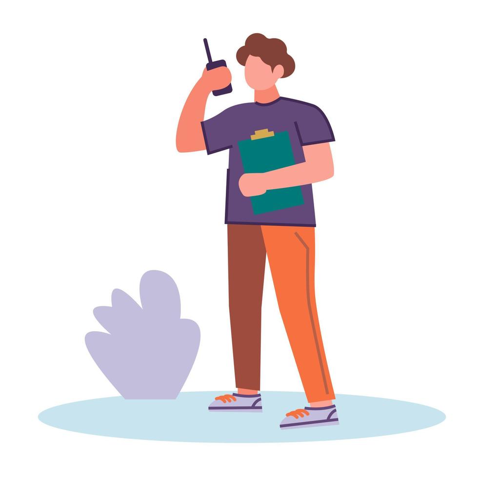 a young volunteer guy is talking on a walkie-talkie in the park. Vector illustration in a flat style.