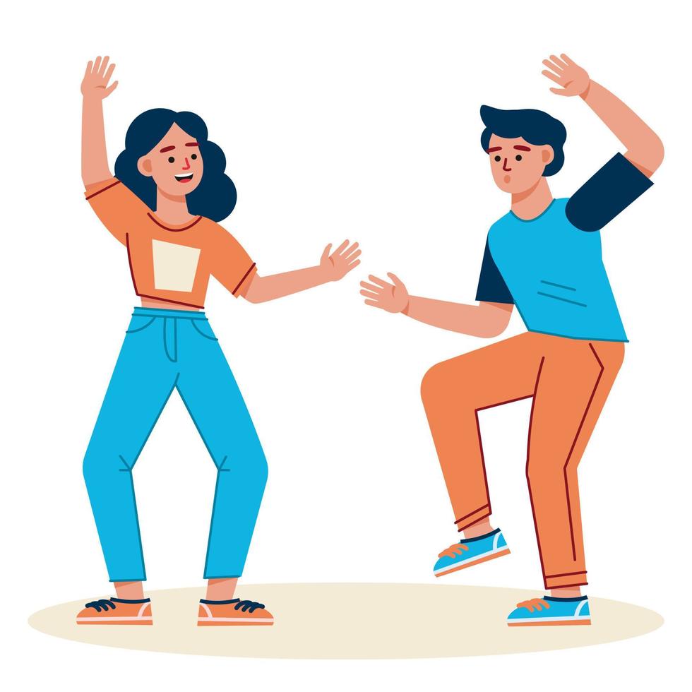 Group of young happy dancing people or male and female dancers isolated on white background. Smiling young men and women enjoying dance party. Colorful vector illustration in flat cartoon style.