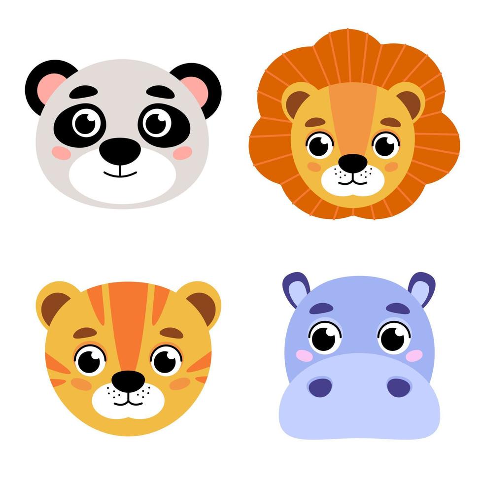 un conjunto de lindas cabezas de animales. zoológico de dibujos animados. una colección de lindos personajes animales al estilo de las caricaturas. panda, león, tigre, leopardo, hipopótamo. vector. vector