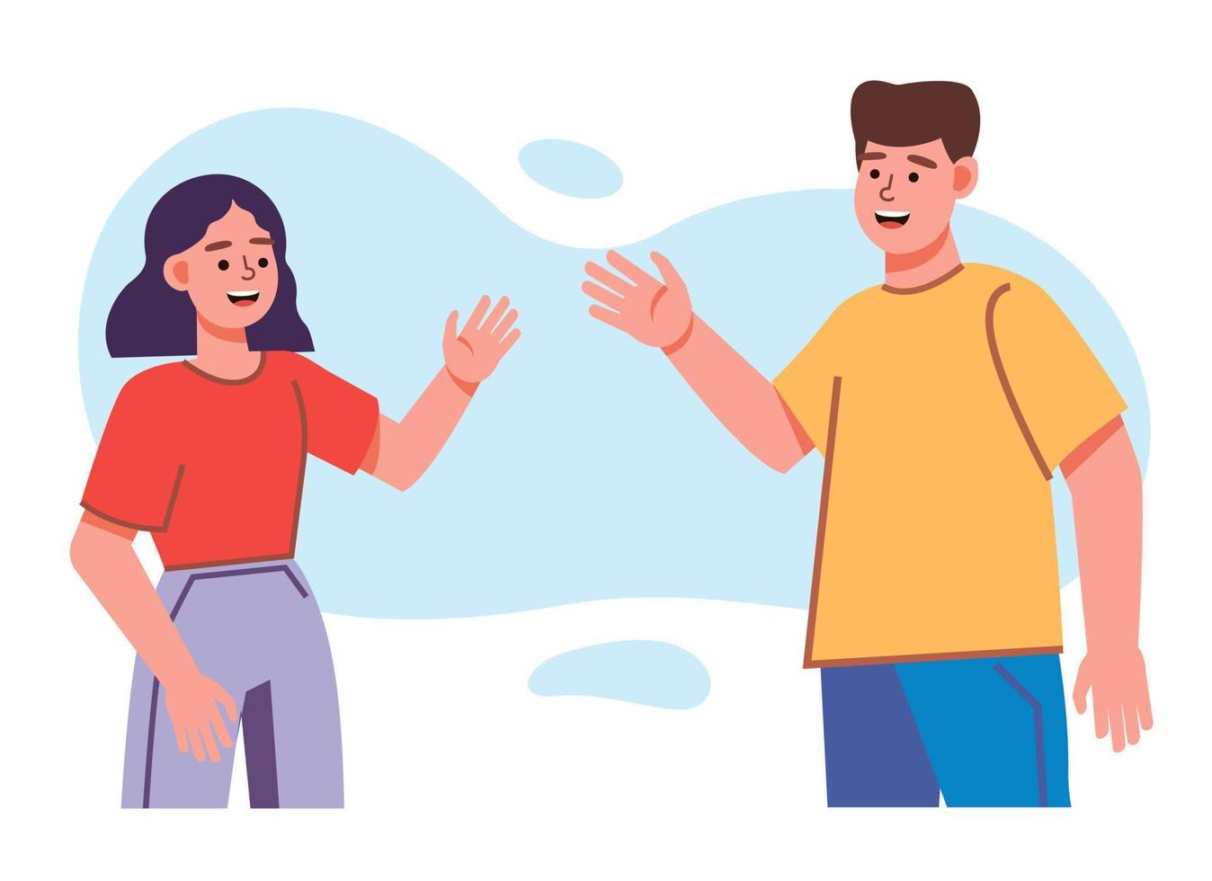 People greet gesture flat vector illustration set. People wave hello. Men, women in casual wear say hello.