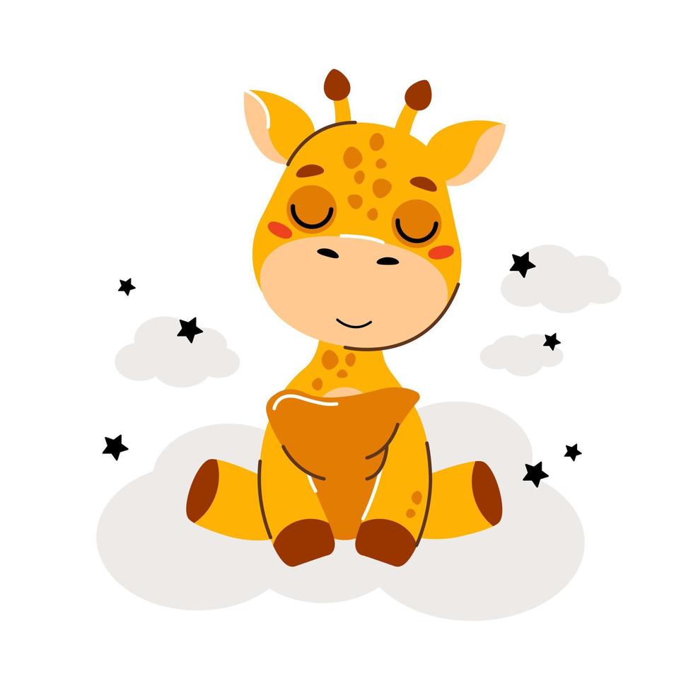Cute little animals sitting on a cloud around a star. cartoon hand-drawn vector illustration. Design of children s clothes, an invitation card for a baby shower.
