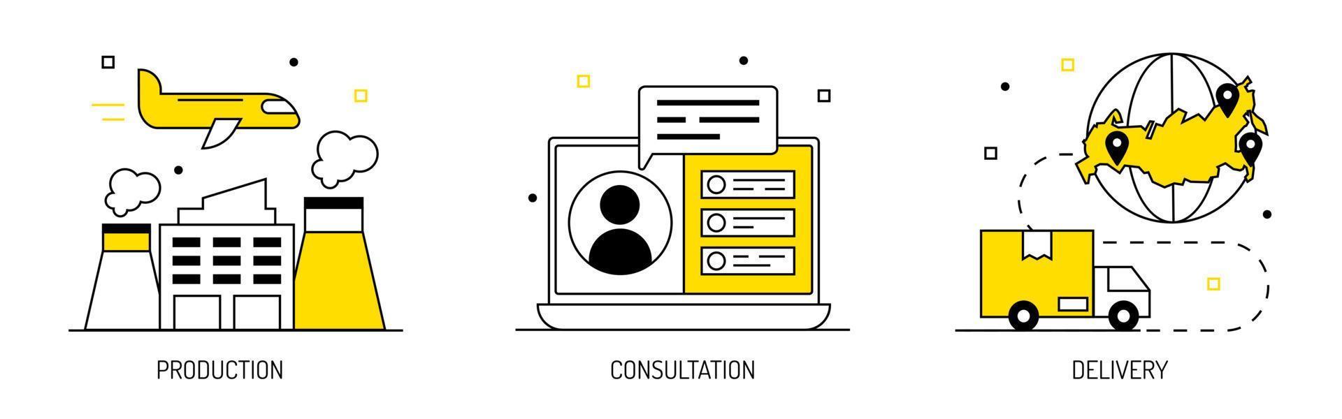 A set of logistics and business icons delivery, production, consultation. Vector illustration in linear style.
