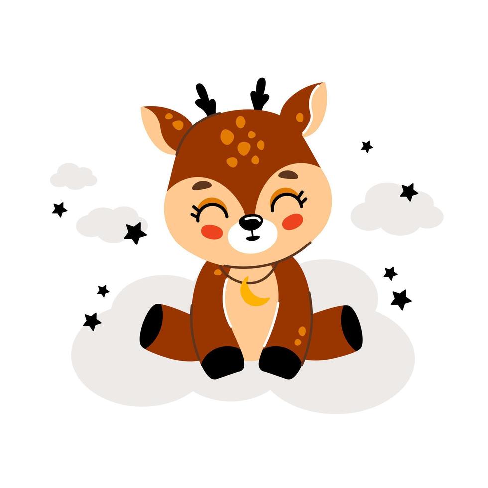 Cute little animals sitting on a cloud around a star. cartoon hand-drawn vector illustration. Design of children s clothes, an invitation card for a baby shower.