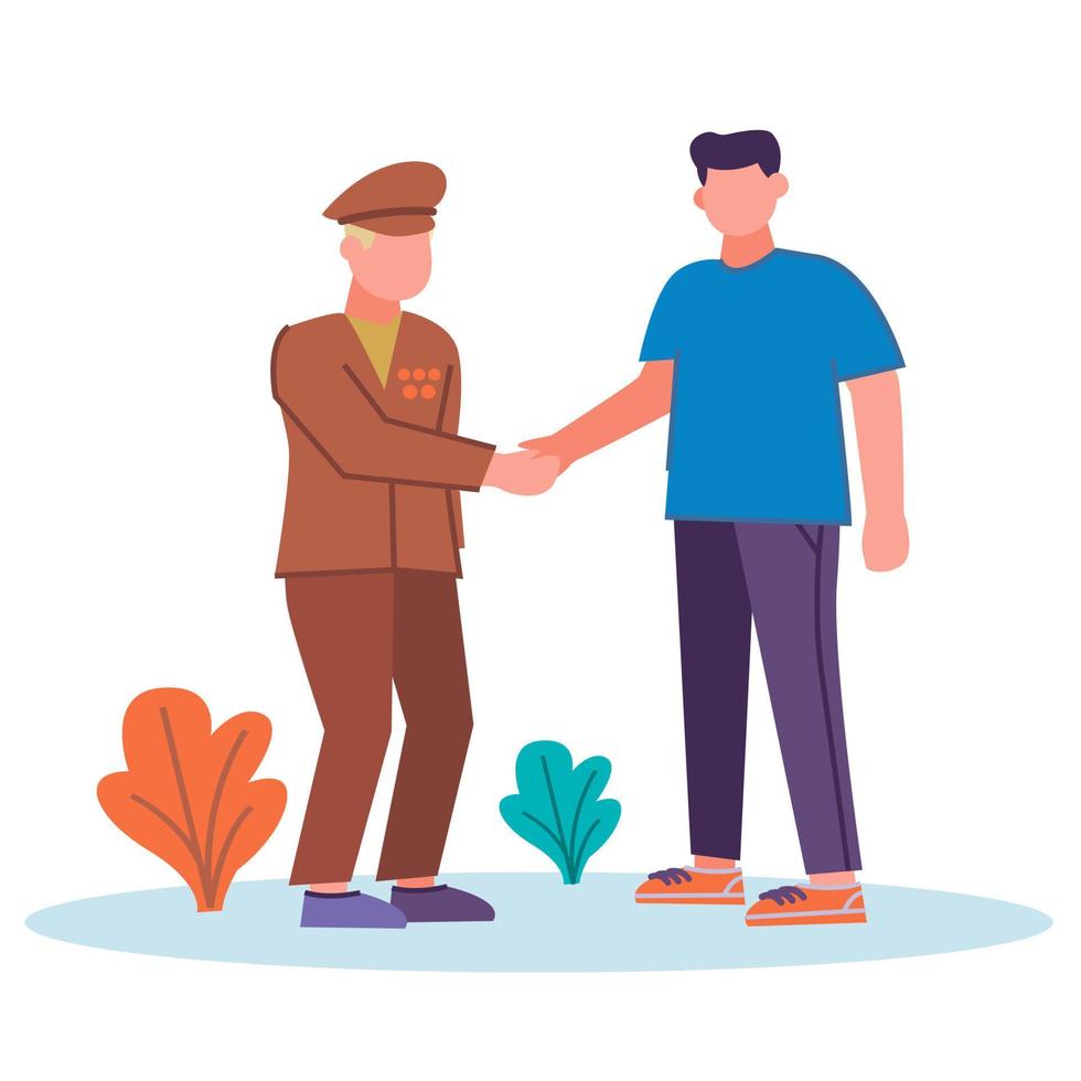 a young guy, a patriot volunteer, shakes hands with a war veteran. Vector illustration in a flat style.