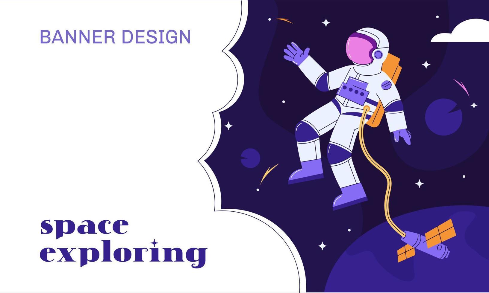 Astronauts fly in open space among the stars. Starry sky. People in cosmos. Horizontal banner template for website design, landing pages, and postcards. Space for your text. Vector flat illustration