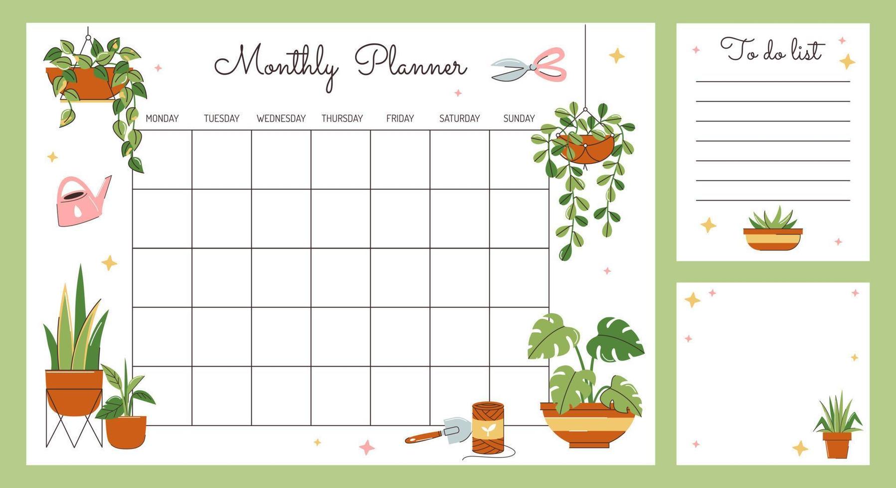 Set of 3 lists daily planner list, note paper, to do list decorated with house plants and inspirational quote. School scheduler and organizer. vector