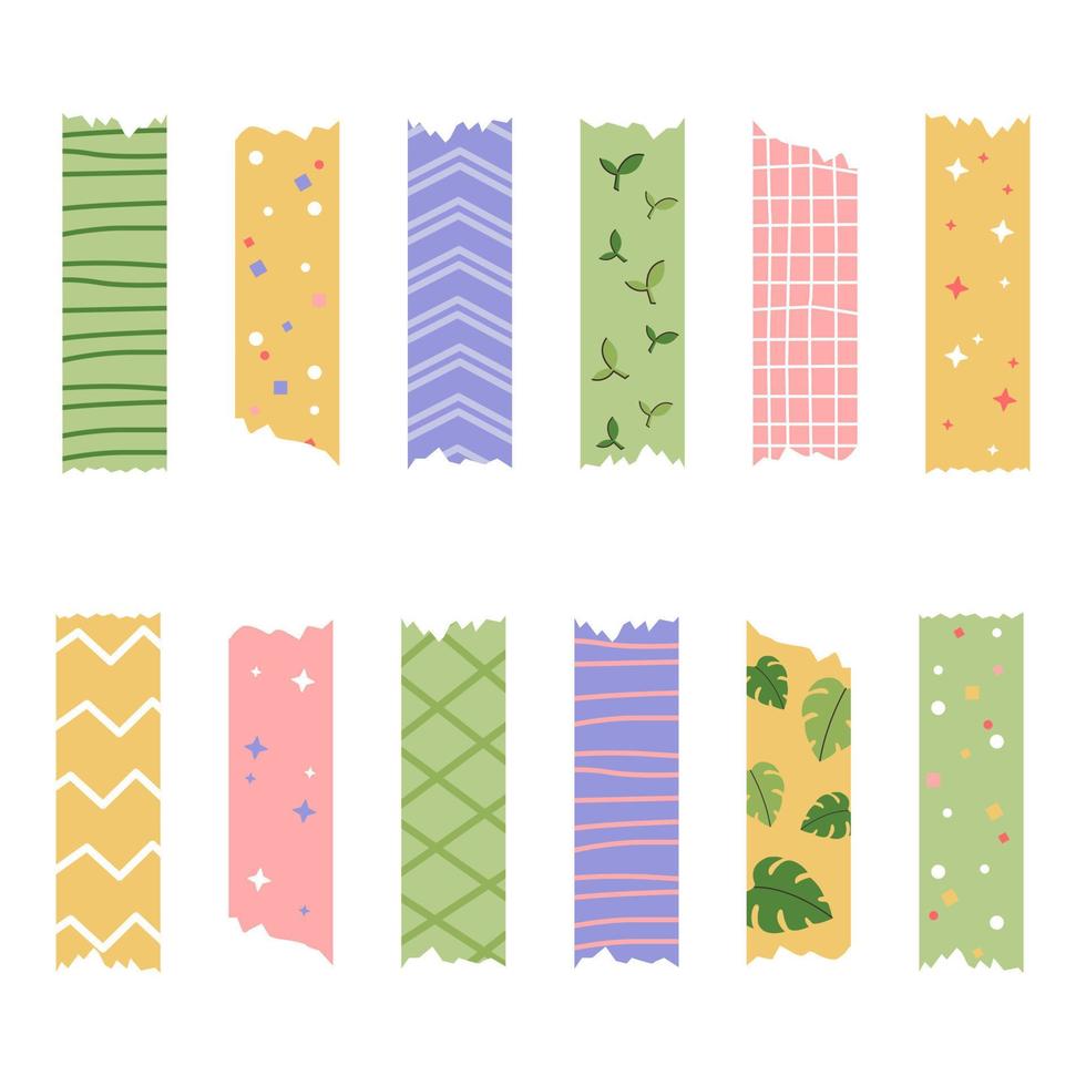 Colored decorative tape mini washi sticker decoration. Set of colorful patterned washi tape strips and pieces of duct paper. Vector illustration