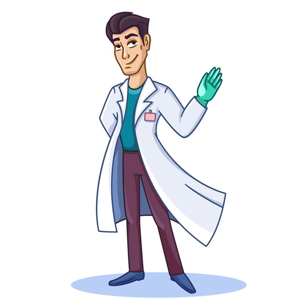 médico alegre sobre un fondo blanco. ilustración vectorial en estilo de dibujos animados vector