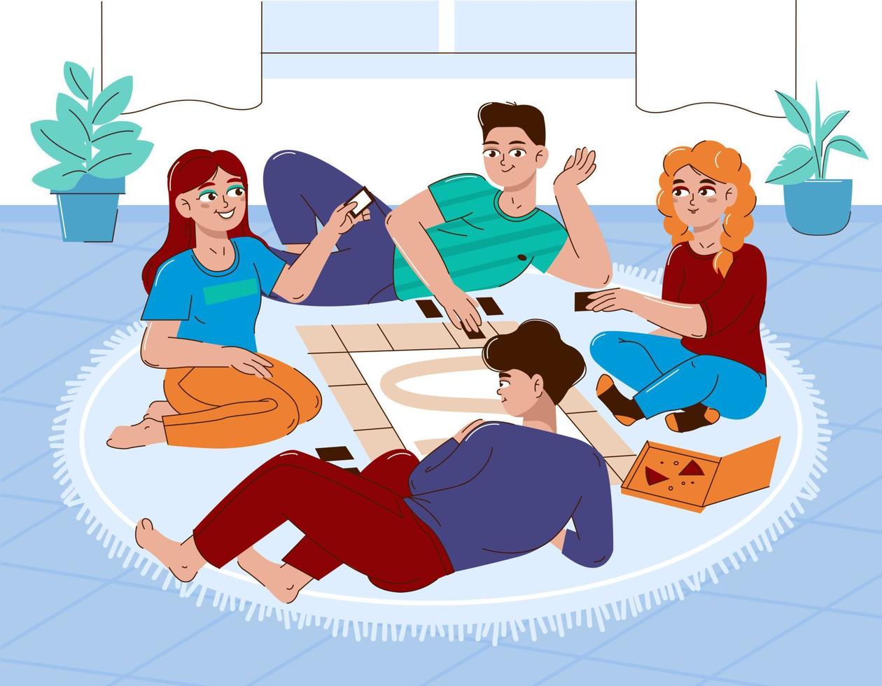 A collection of funny young smiling people sitting on the floor and playing board games. Home leisure for the company of friends or family members. Colorful vector illustration in a flat