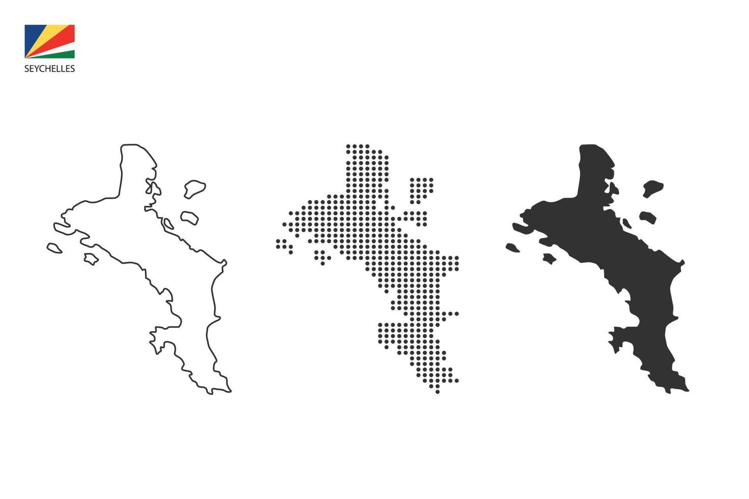 3 versiones del vector de la ciudad del mapa de seychelles por estilo de simplicidad de contorno negro delgado, estilo de punto negro y estilo de sombra oscura. todo en el fondo blanco.