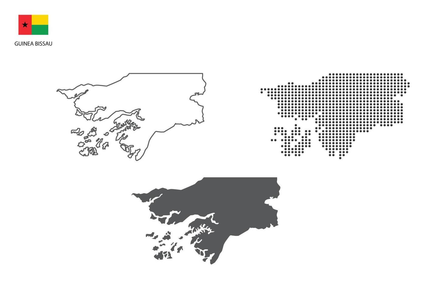 3 versiones del vector de la ciudad del mapa de guinea bissau por estilo de simplicidad de contorno negro delgado, estilo de punto negro y estilo de sombra oscura. todo en el fondo blanco.