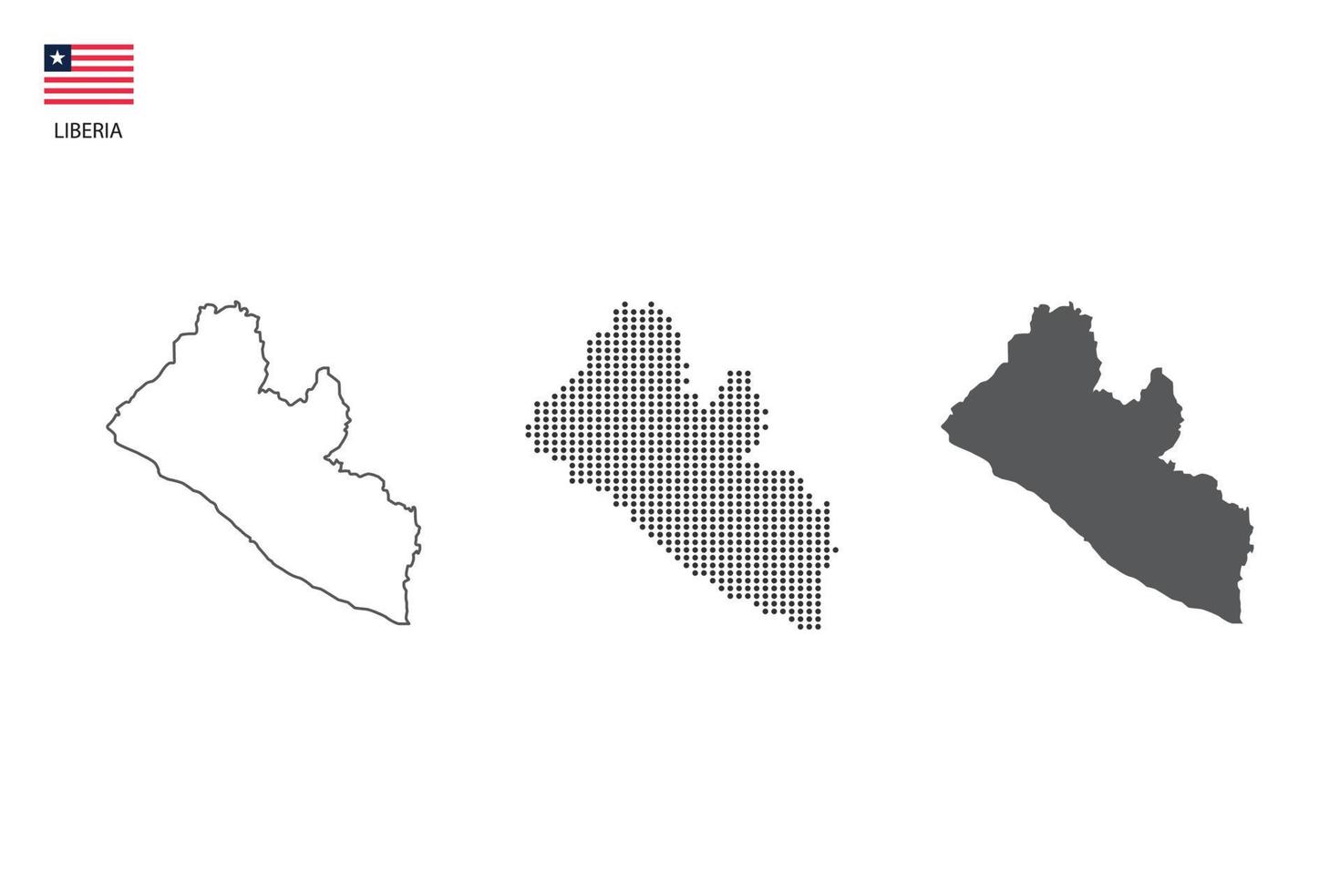 3 versiones del vector de la ciudad del mapa de liberia por estilo de simplicidad de contorno negro delgado, estilo de punto negro y estilo de sombra oscura. todo en el fondo blanco.