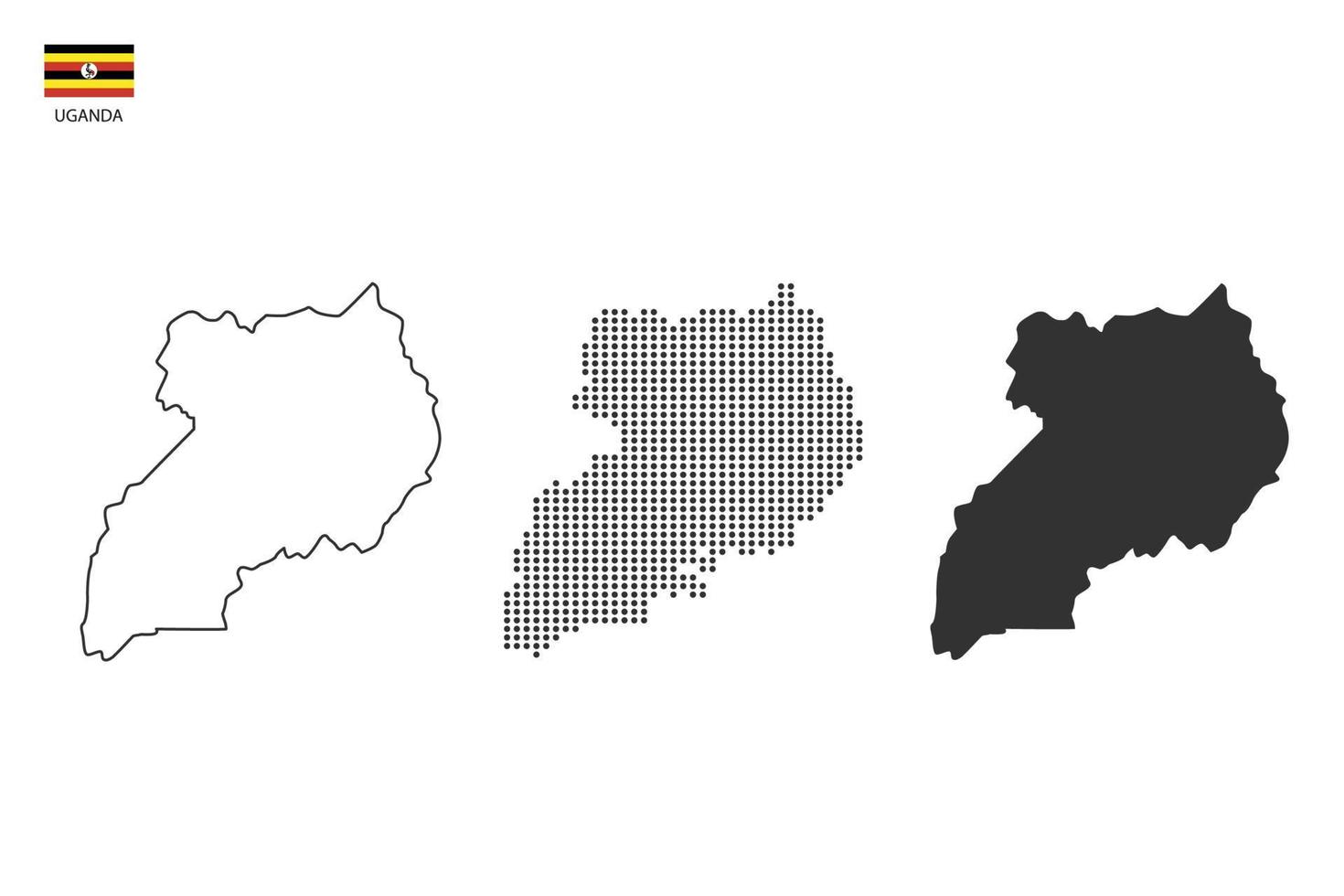 3 versions of Uganda map city vector by thin black outline simplicity style, Black dot style and Dark shadow style. All in the white background.