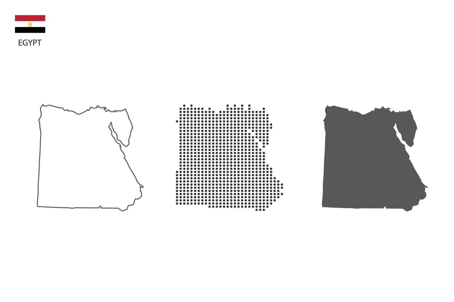 3 versiones del vector de la ciudad del mapa de Egipto por estilo de simplicidad de contorno negro delgado, estilo de punto negro y estilo de sombra oscura. todo en el fondo blanco.