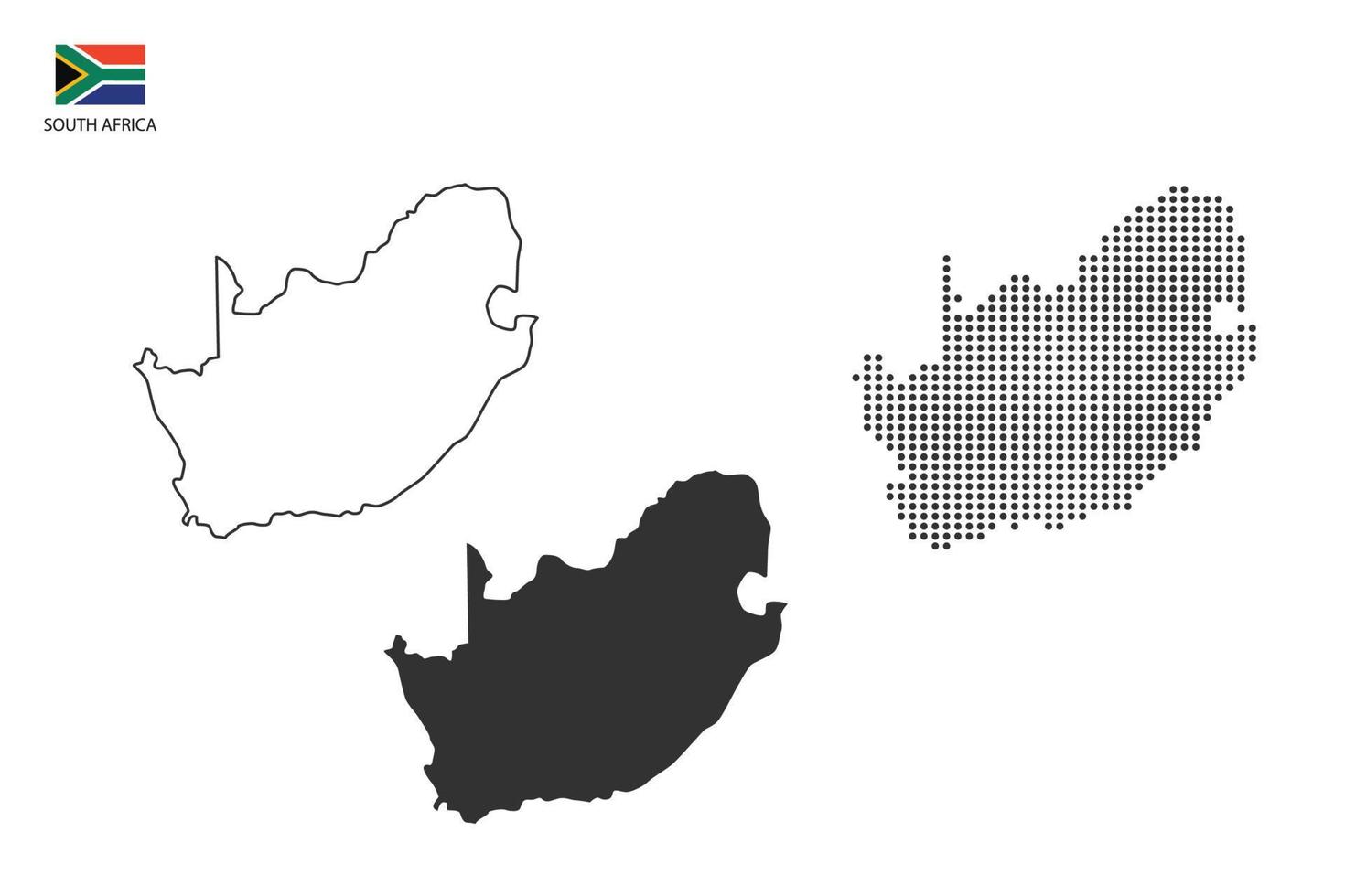 3 versiones del vector de la ciudad del mapa de Sudáfrica por estilo de simplicidad de contorno negro delgado, estilo de punto negro y estilo de sombra oscura. todo en el fondo blanco.
