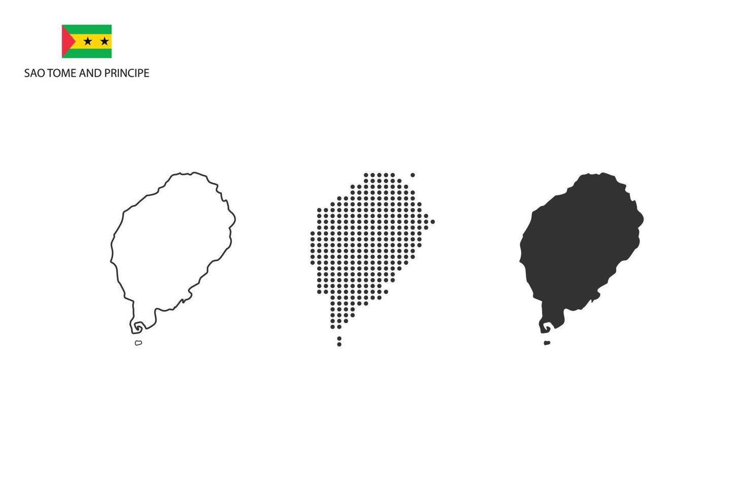 3 versions of Sao Tome and Principe map city vector by thin black outline simplicity style, Black dot style and Dark shadow style. All in the white background.