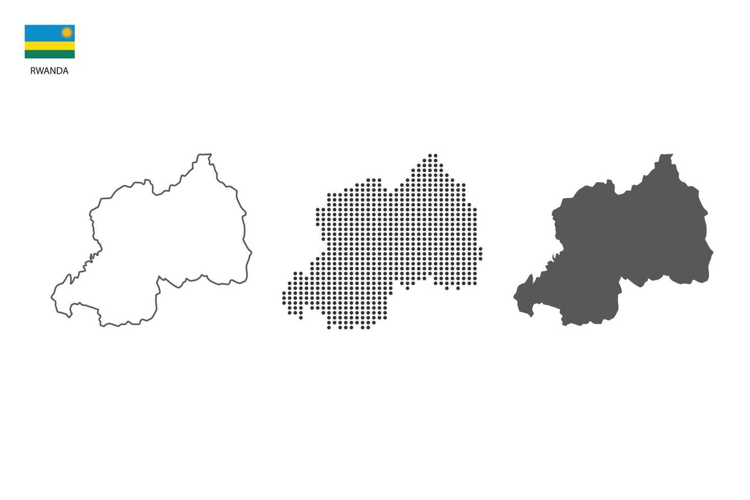 3 versiones del vector de la ciudad del mapa de ruanda por estilo de simplicidad de contorno negro delgado, estilo de punto negro y estilo de sombra oscura. todo en el fondo blanco.