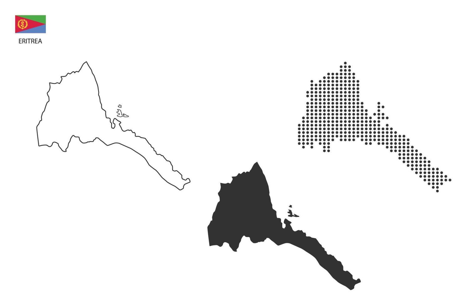 3 versions of Eritrea map city vector by thin black outline simplicity style, Black dot style and Dark shadow style. All in the white background.