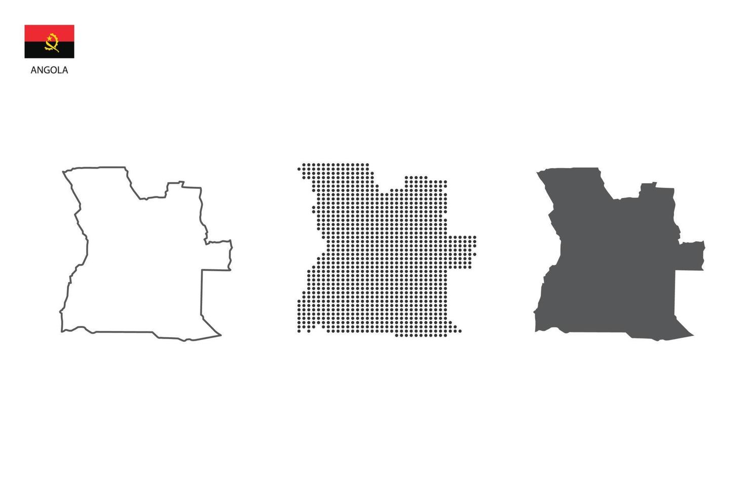 3 versiones del vector de la ciudad del mapa de angola por estilo de simplicidad de contorno negro delgado, estilo de punto negro y estilo de sombra oscura. todo en el fondo blanco.