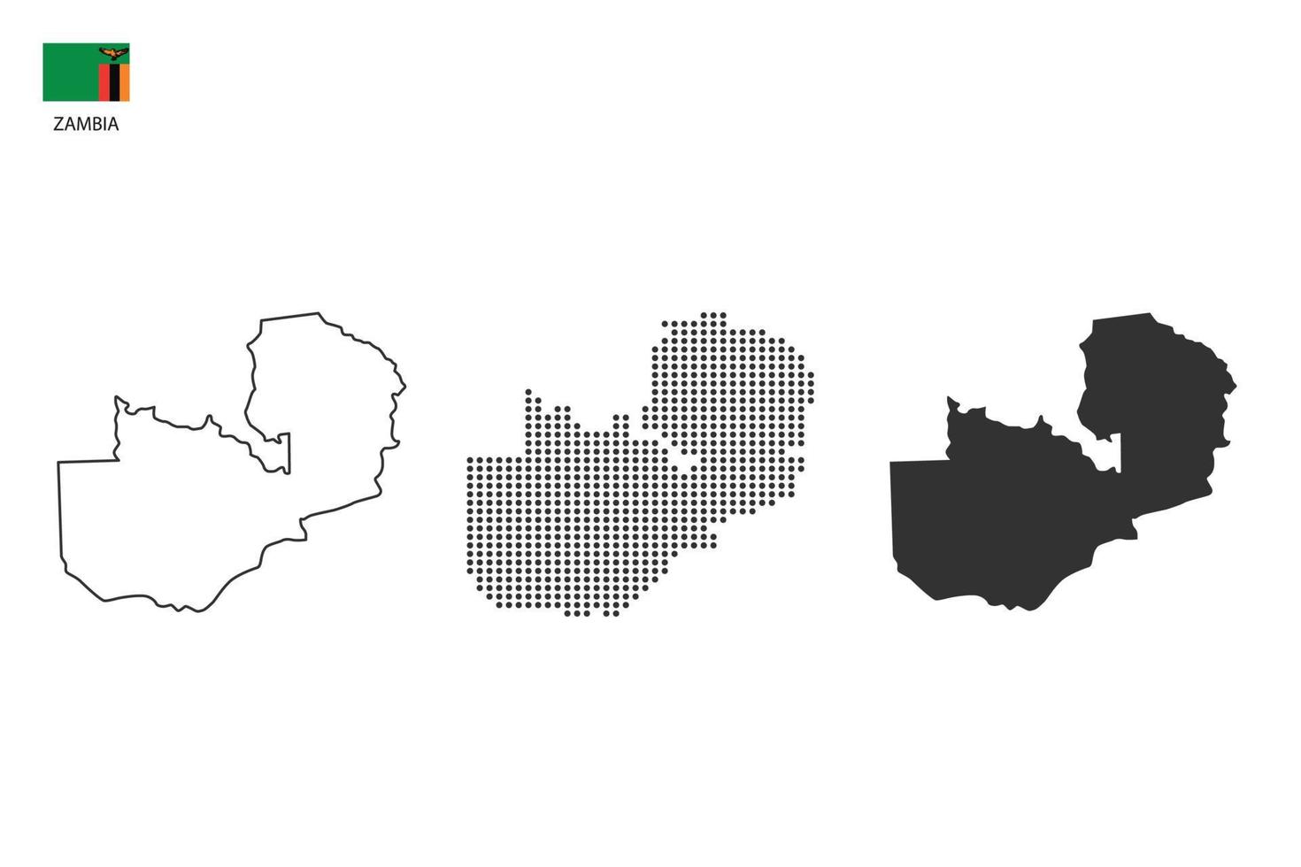 3 versiones del vector de la ciudad del mapa de zambia por estilo de simplicidad de contorno negro delgado, estilo de punto negro y estilo de sombra oscura. todo en el fondo blanco.