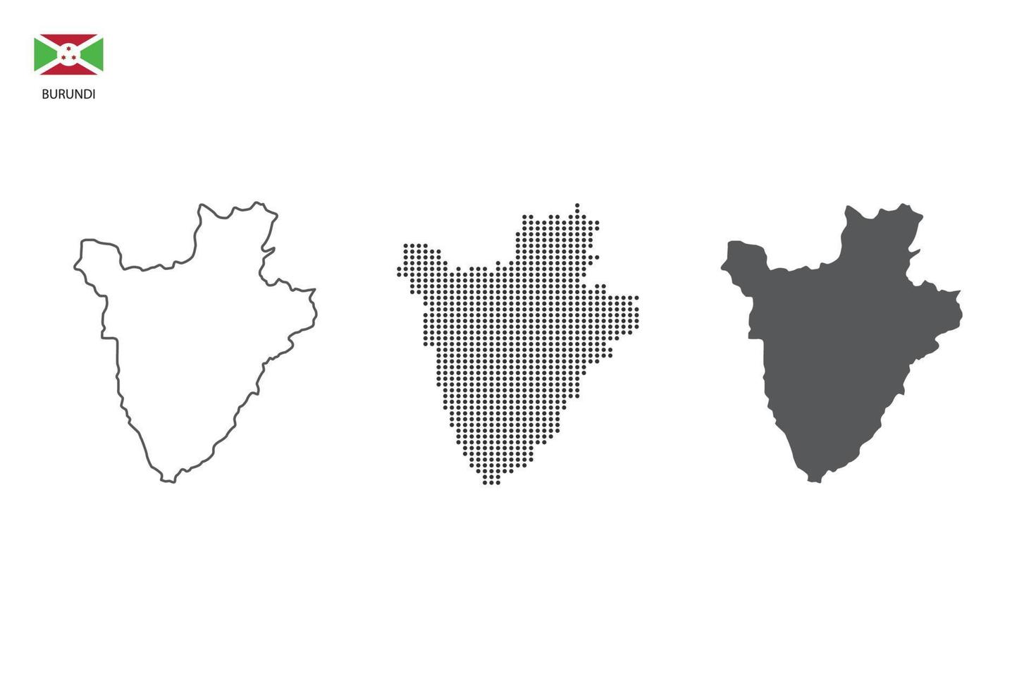 3 versions of Burundi map city vector by thin black outline simplicity style, Black dot style and Dark shadow style. All in the white background.