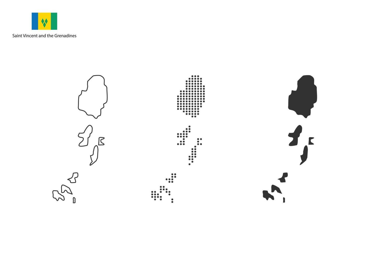 3 versions of Saint Vincent and the Grenadines map city vector by thin black outline simplicity style, Black dot style and Dark shadow style. All in the white background.