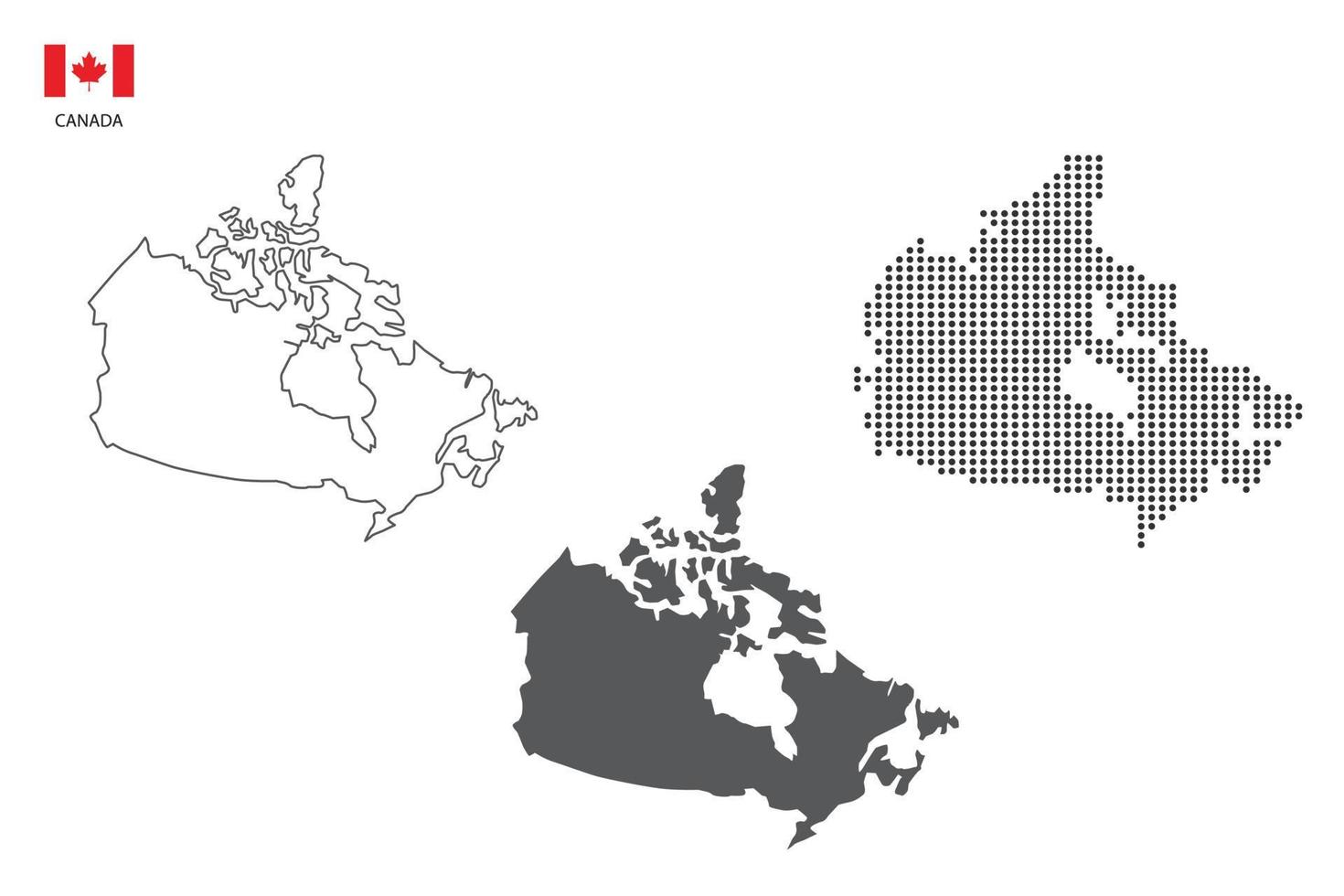 3 versions of Canada map city vector by thin black outline simplicity style, Black dot style and Dark shadow style. All in the white background.