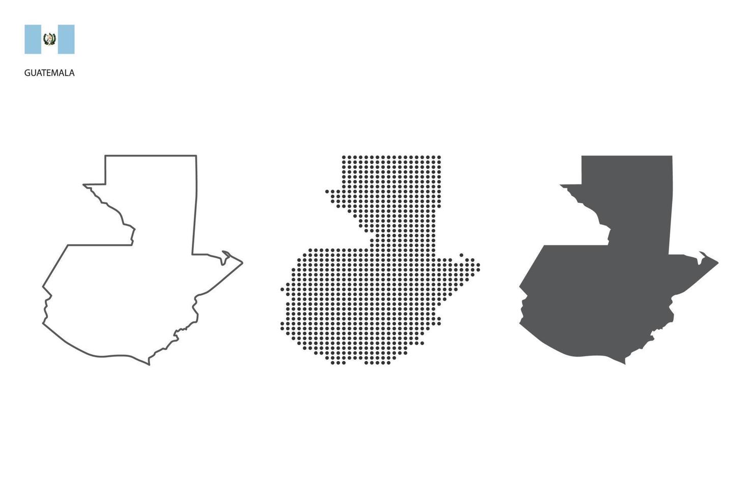 3 versiones del vector de la ciudad del mapa de guatemala por estilo de simplicidad de contorno negro delgado, estilo de punto negro y estilo de sombra oscura. todo en el fondo blanco.