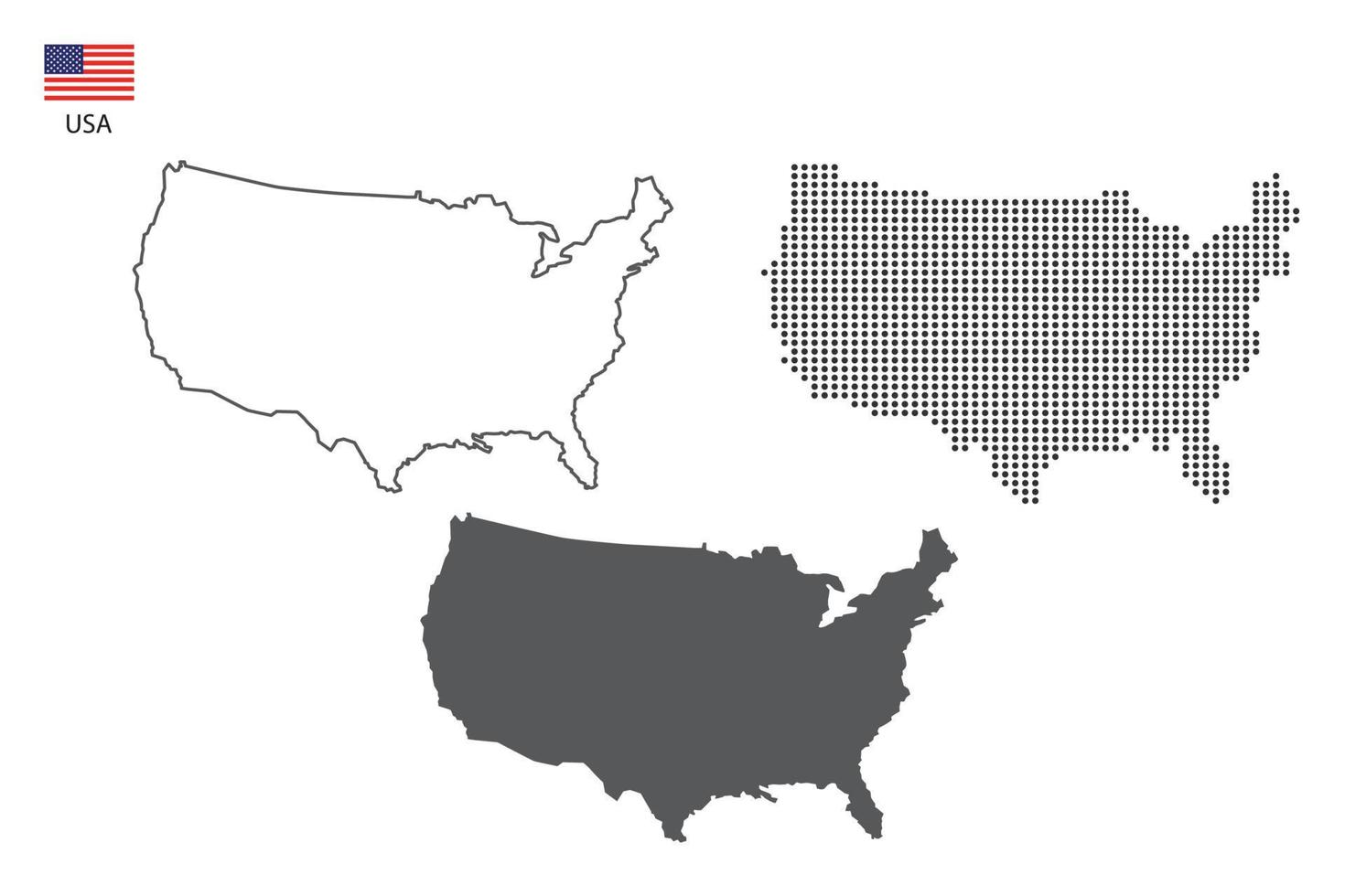 3 versiones del vector de la ciudad del mapa de EE. UU. por estilo de simplicidad de contorno negro delgado, estilo de punto negro y estilo de sombra oscura. todo en el fondo blanco.