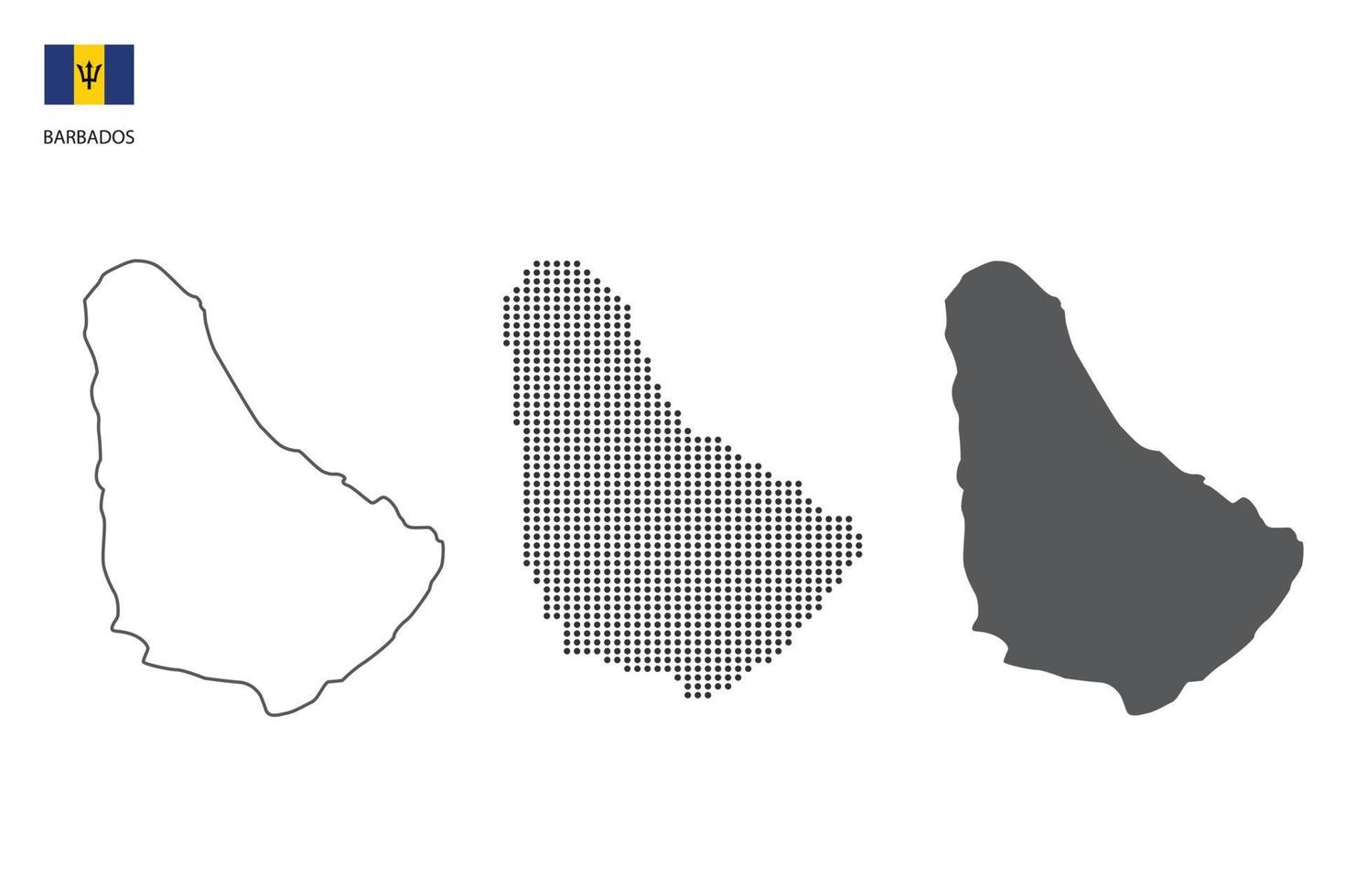 3 versiones del vector de ciudad de mapa de barbados por estilo de simplicidad de contorno negro delgado, estilo de punto negro y estilo de sombra oscura. todo en el fondo blanco.