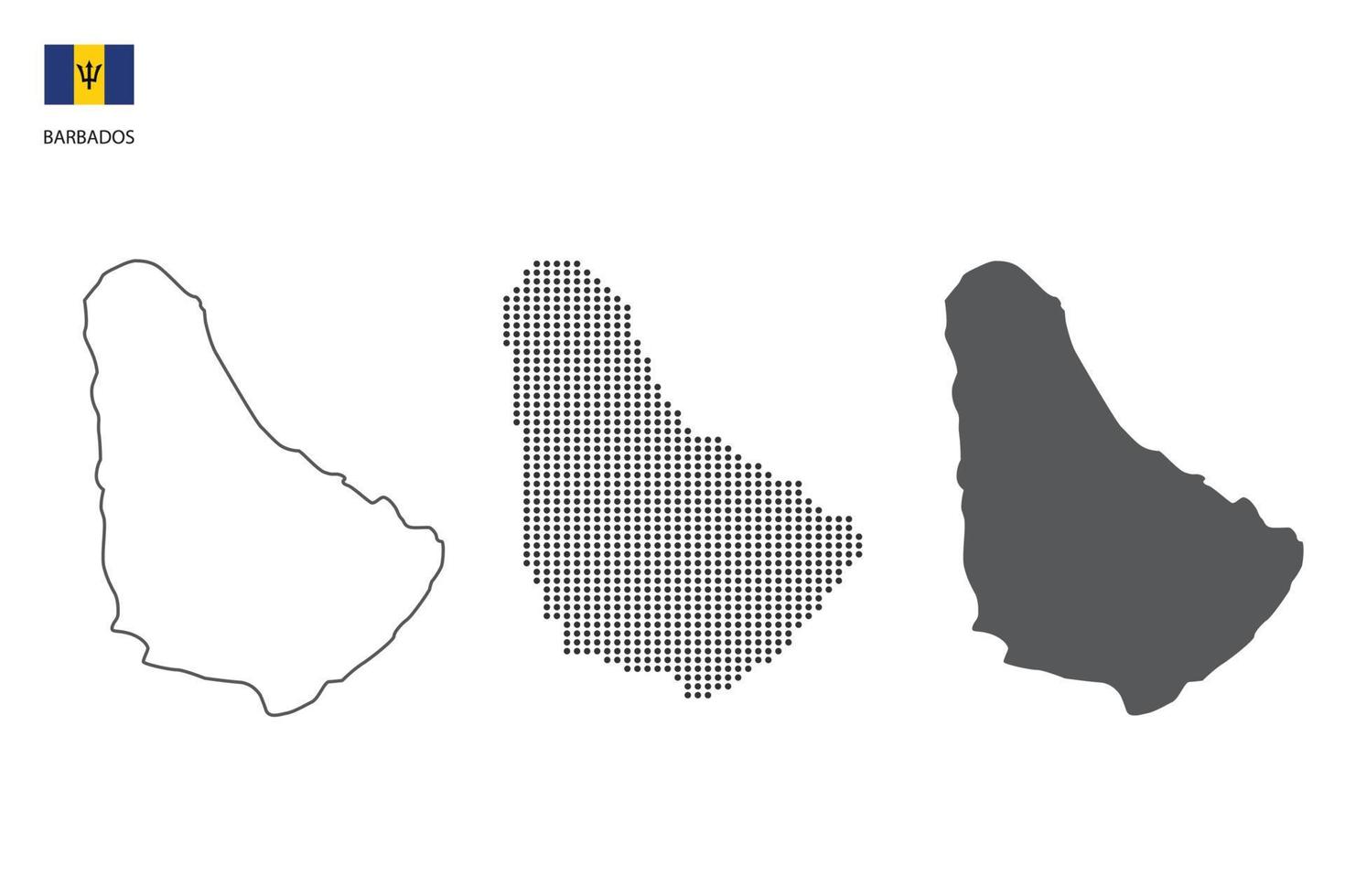 3 versions of Barbados map city vector by thin black outline simplicity style, Black dot style and Dark shadow style. All in the white background.
