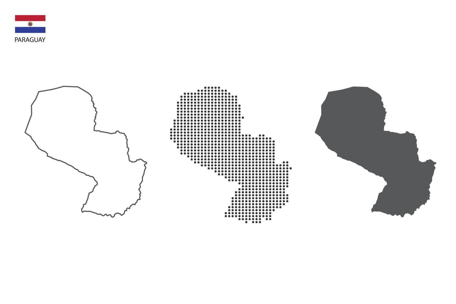 3 versiones del vector de ciudad de mapa de paraguay por estilo de simplicidad de contorno negro delgado, estilo de punto negro y estilo de sombra oscura. todo en el fondo blanco.