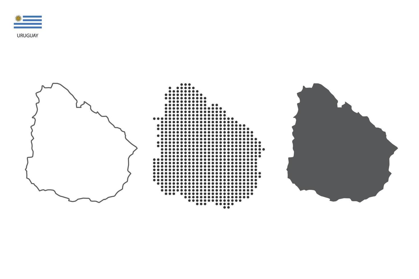 3 versiones del vector de la ciudad del mapa de uruguay por estilo de simplicidad de contorno negro delgado, estilo de punto negro y estilo de sombra oscura. todo en el fondo blanco.