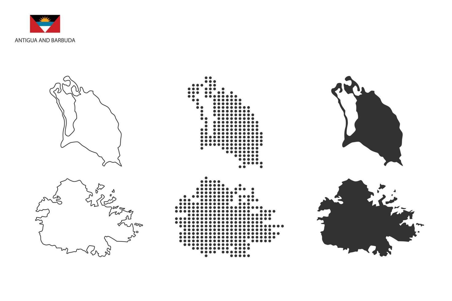 3 versiones del vector de la ciudad del mapa de antigua y barbuda por estilo de simplicidad de contorno negro delgado, estilo de punto negro y estilo de sombra oscura. todo en el fondo blanco.