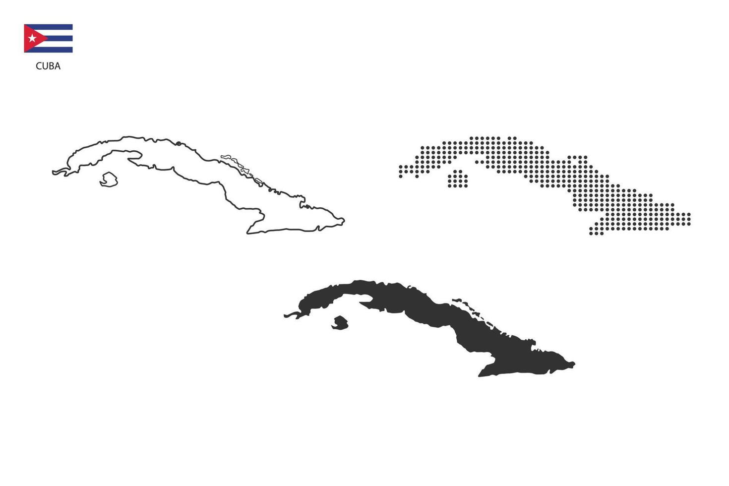 3 versiones del vector de la ciudad del mapa de cuba por estilo de simplicidad de contorno negro delgado, estilo de punto negro y estilo de sombra oscura. todo en el fondo blanco.