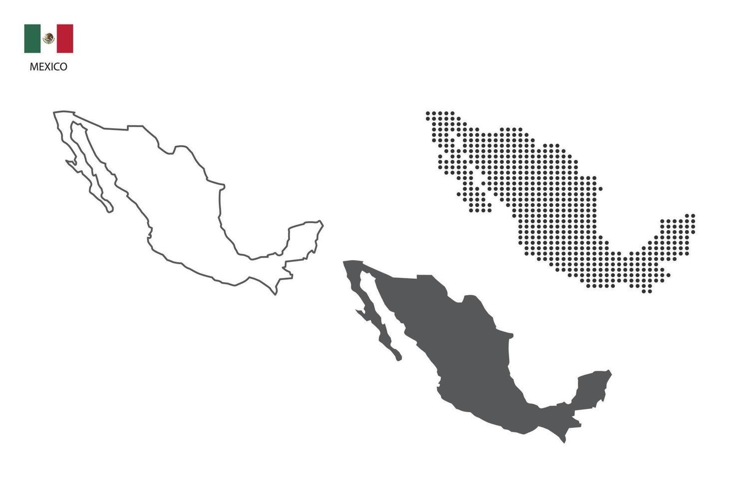 3 versiones del vector de la ciudad del mapa de México por estilo de simplicidad de contorno negro delgado, estilo de punto negro y estilo de sombra oscura. todo en el fondo blanco.