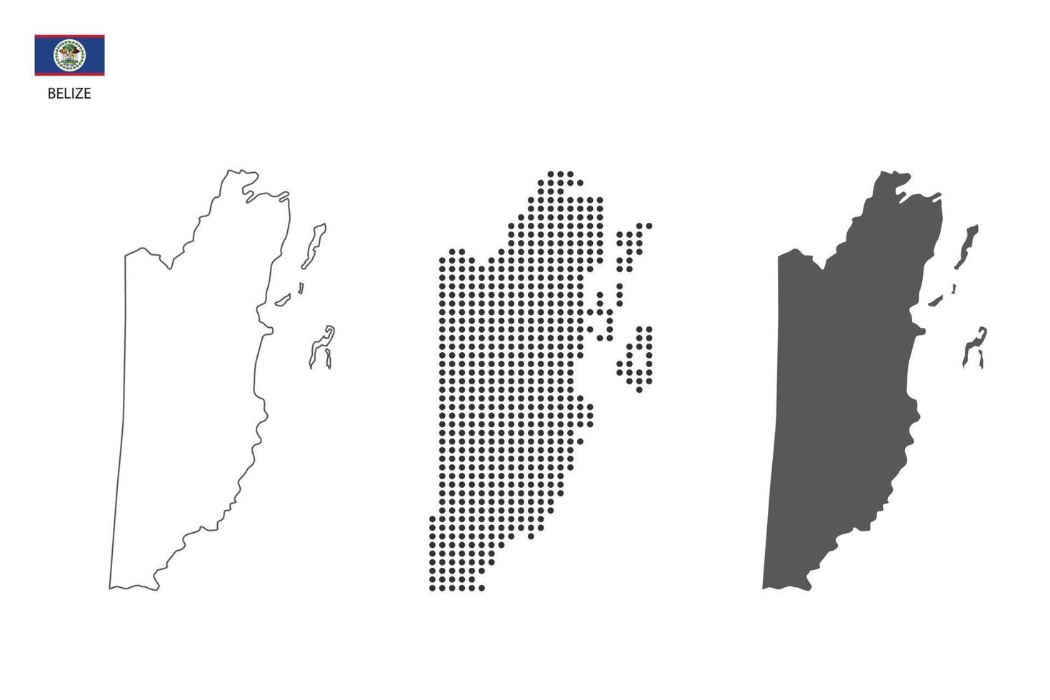 3 versiones del vector de la ciudad del mapa de belice por estilo de simplicidad de contorno negro delgado, estilo de punto negro y estilo de sombra oscura. todo en el fondo blanco.