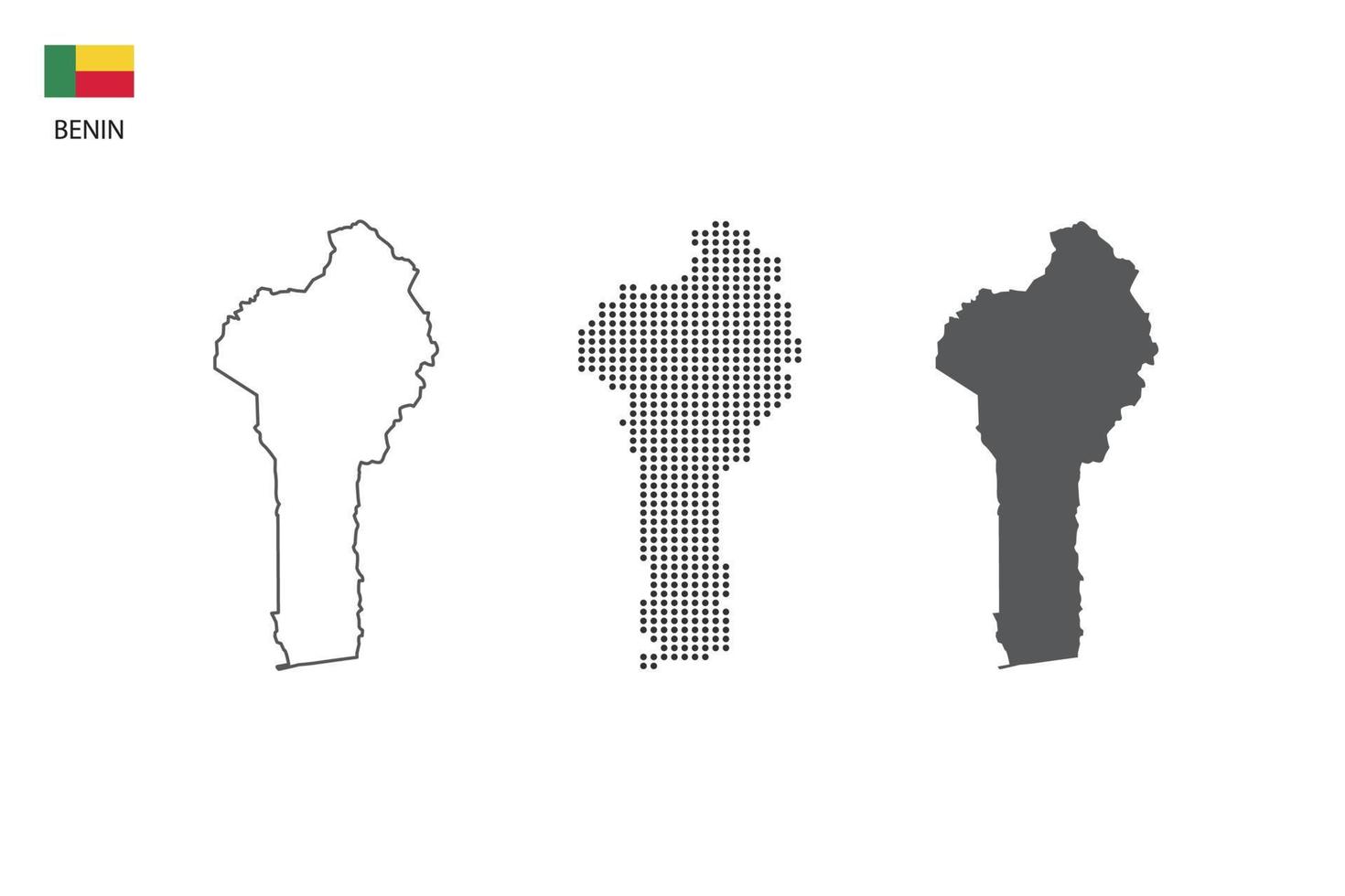 3 versiones del vector de la ciudad del mapa de benin por estilo de simplicidad de contorno negro delgado, estilo de punto negro y estilo de sombra oscura. todo en el fondo blanco.