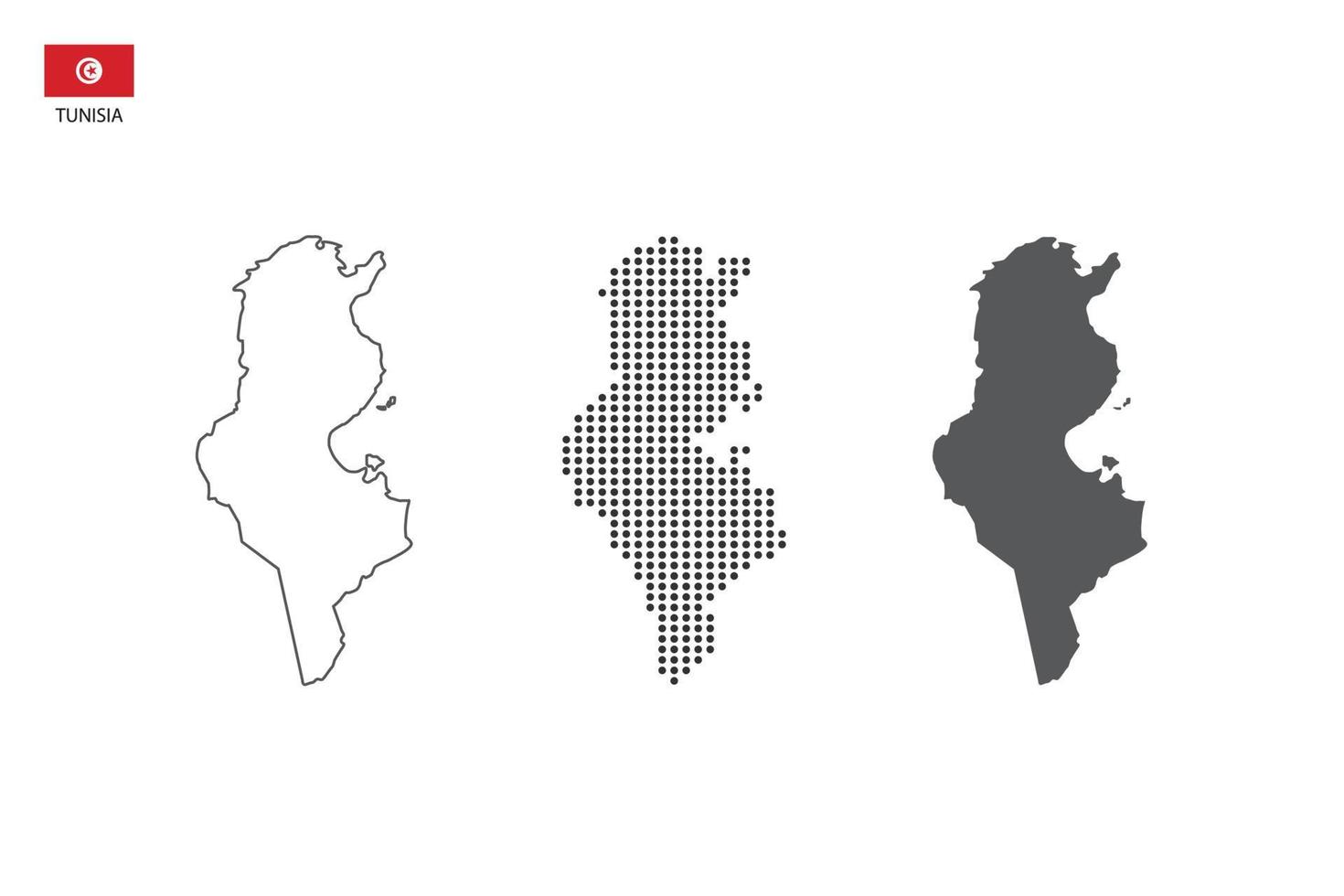 3 versiones del vector de la ciudad del mapa de Túnez por estilo de simplicidad de contorno negro delgado, estilo de punto negro y estilo de sombra oscura. todo en el fondo blanco.