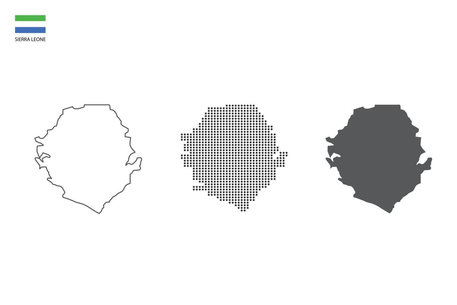 3 versions of Sierra Leone map city vector by thin black outline simplicity style, Black dot style and Dark shadow style. All in the white background.