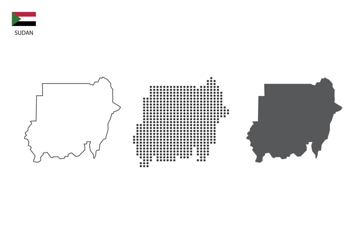 3 versiones del vector de la ciudad del mapa de Sudán por estilo de simplicidad de contorno negro delgado, estilo de punto negro y estilo de sombra oscura. todo en el fondo blanco.