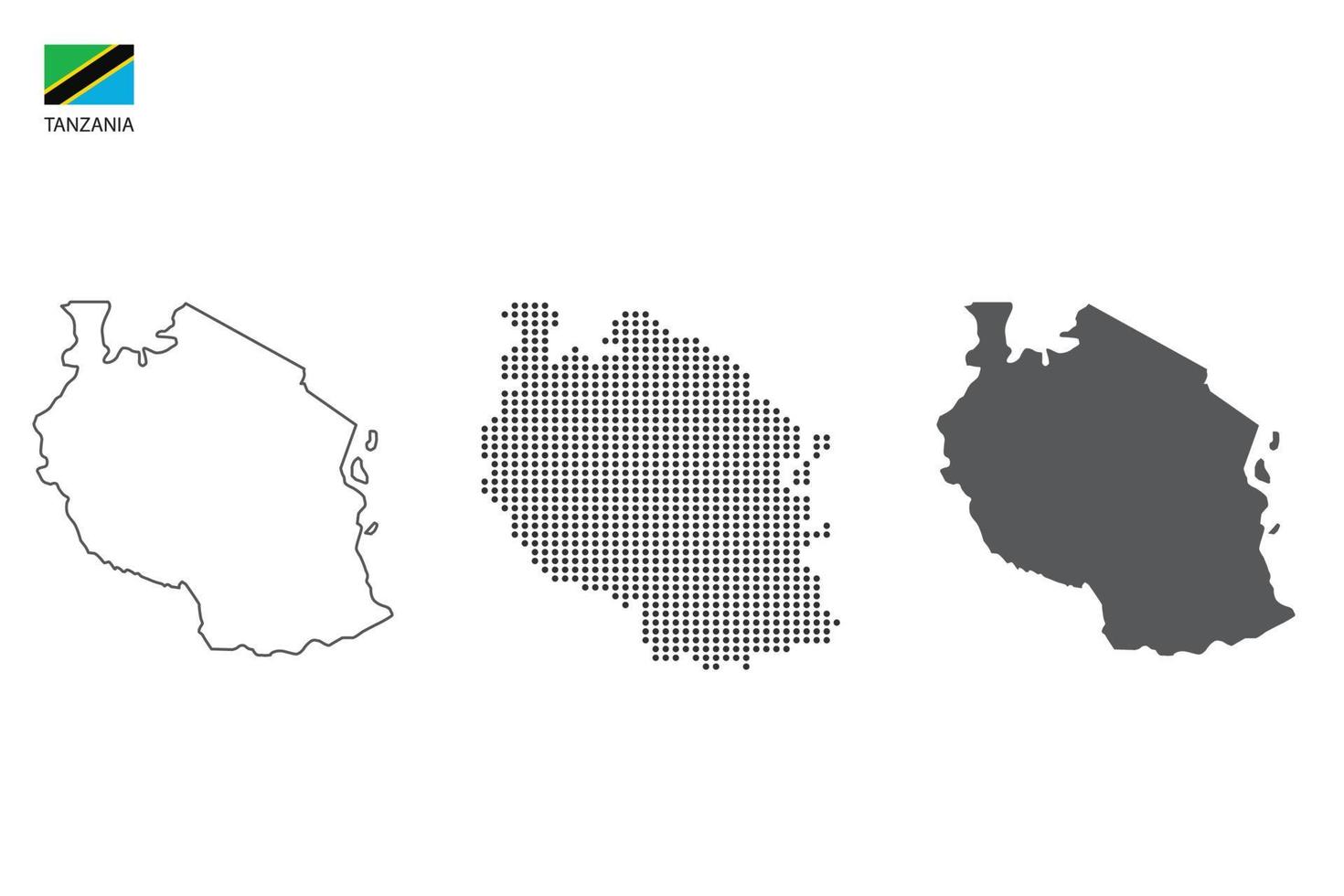 3 versions of Tanzania map city vector by thin black outline simplicity style, Black dot style and Dark shadow style. All in the white background.