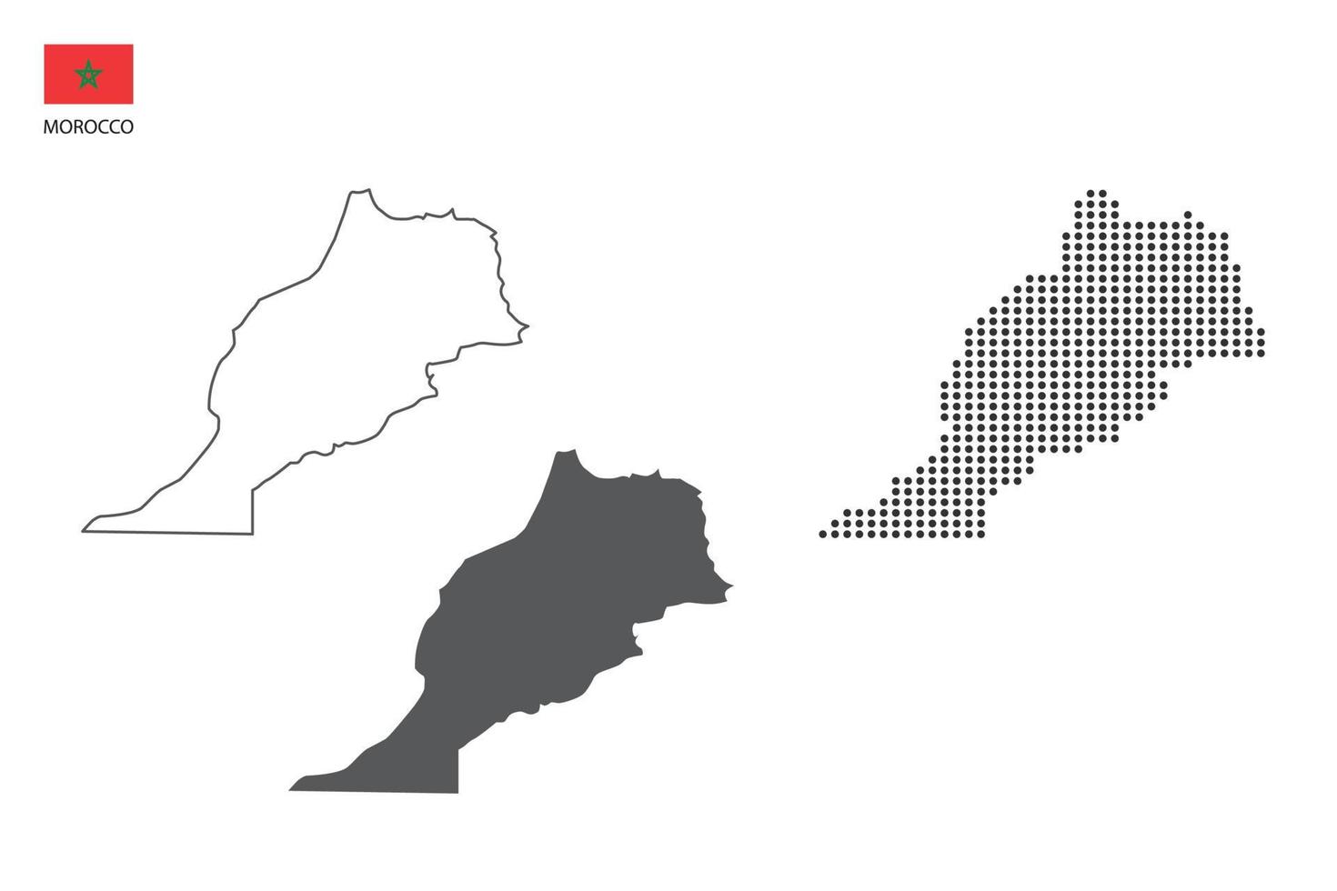 3 versiones del vector de la ciudad del mapa de marruecos por estilo de simplicidad de contorno negro delgado, estilo de punto negro y estilo de sombra oscura. todo en el fondo blanco.