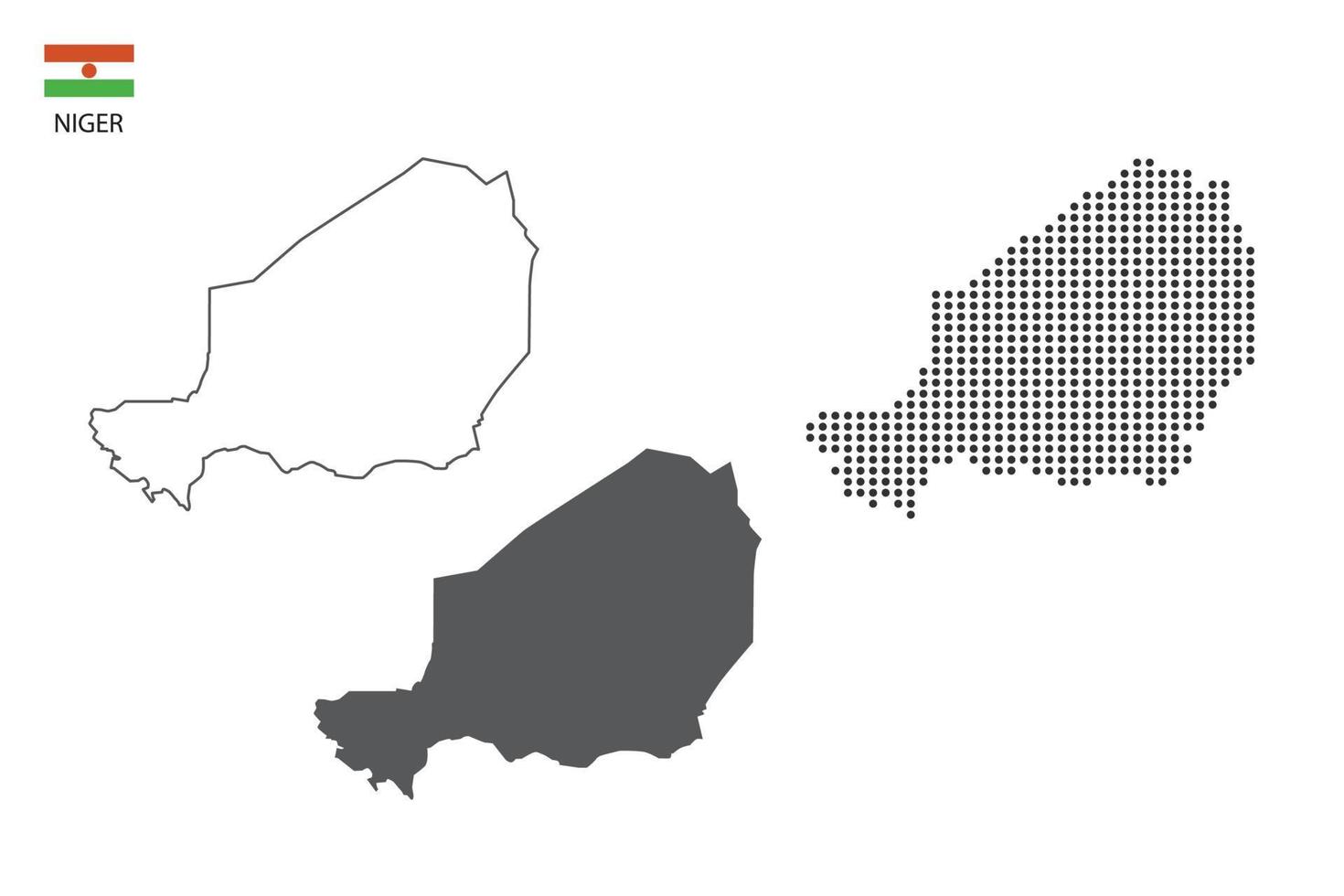 3 versions of Niger map city vector by thin black outline simplicity style, Black dot style and Dark shadow style. All in the white background.