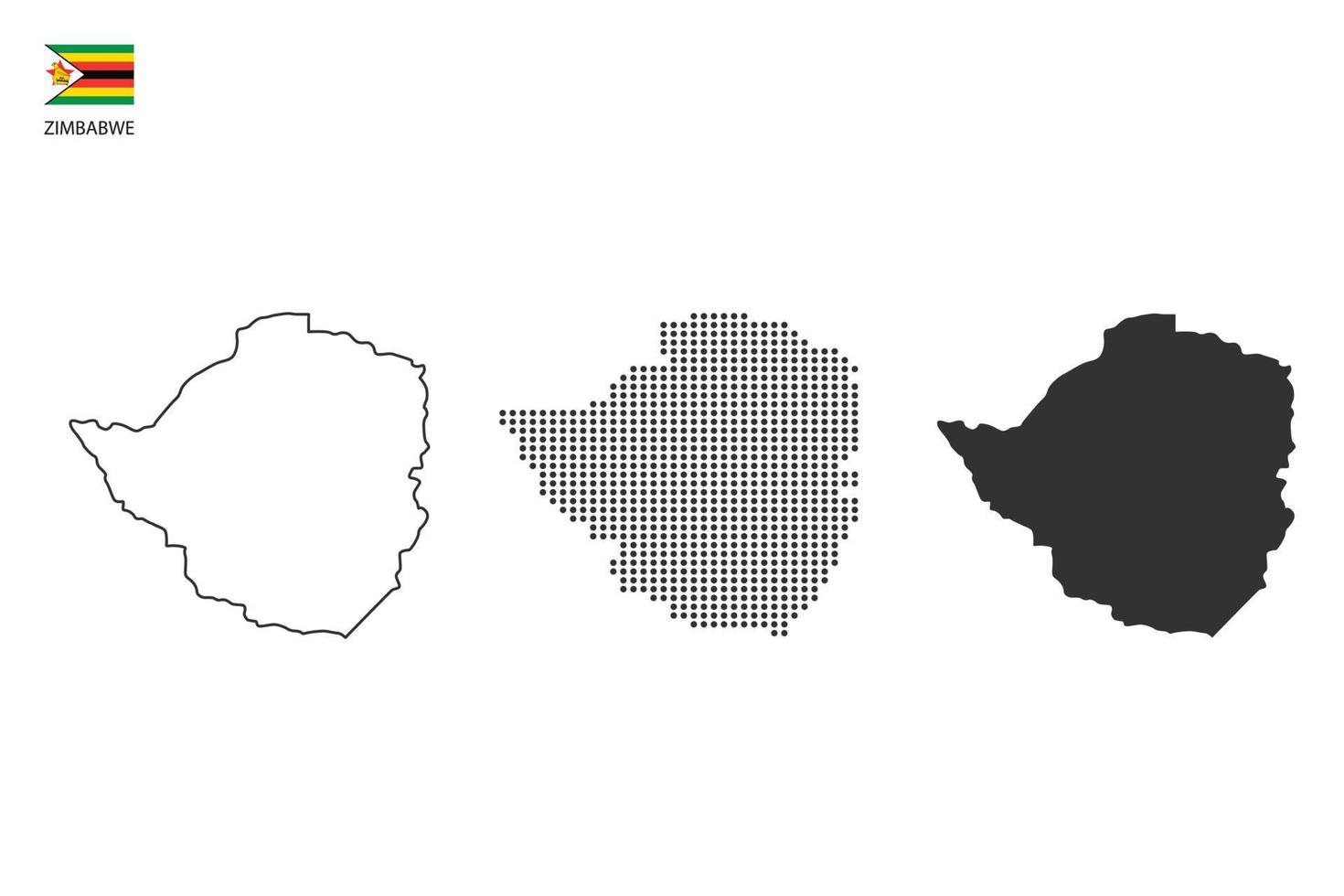 3 versiones del vector de la ciudad del mapa de zimbabwe por estilo de simplicidad de contorno negro delgado, estilo de punto negro y estilo de sombra oscura. todo en el fondo blanco.