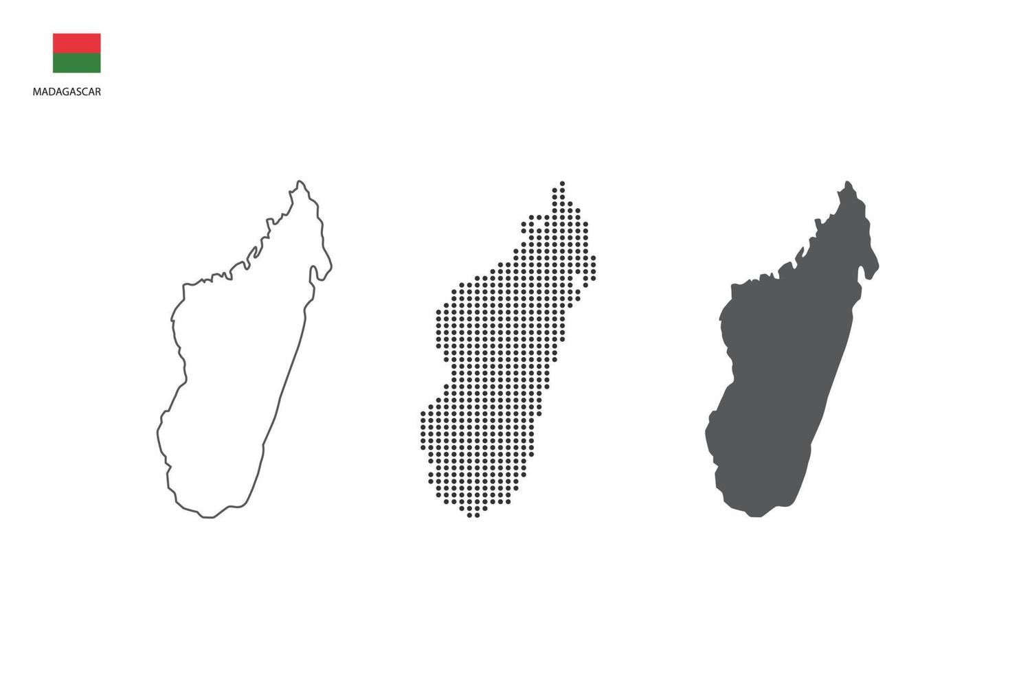 3 versiones del vector de la ciudad del mapa de madagascar por estilo de simplicidad de contorno negro delgado, estilo de punto negro y estilo de sombra oscura. todo en el fondo blanco.