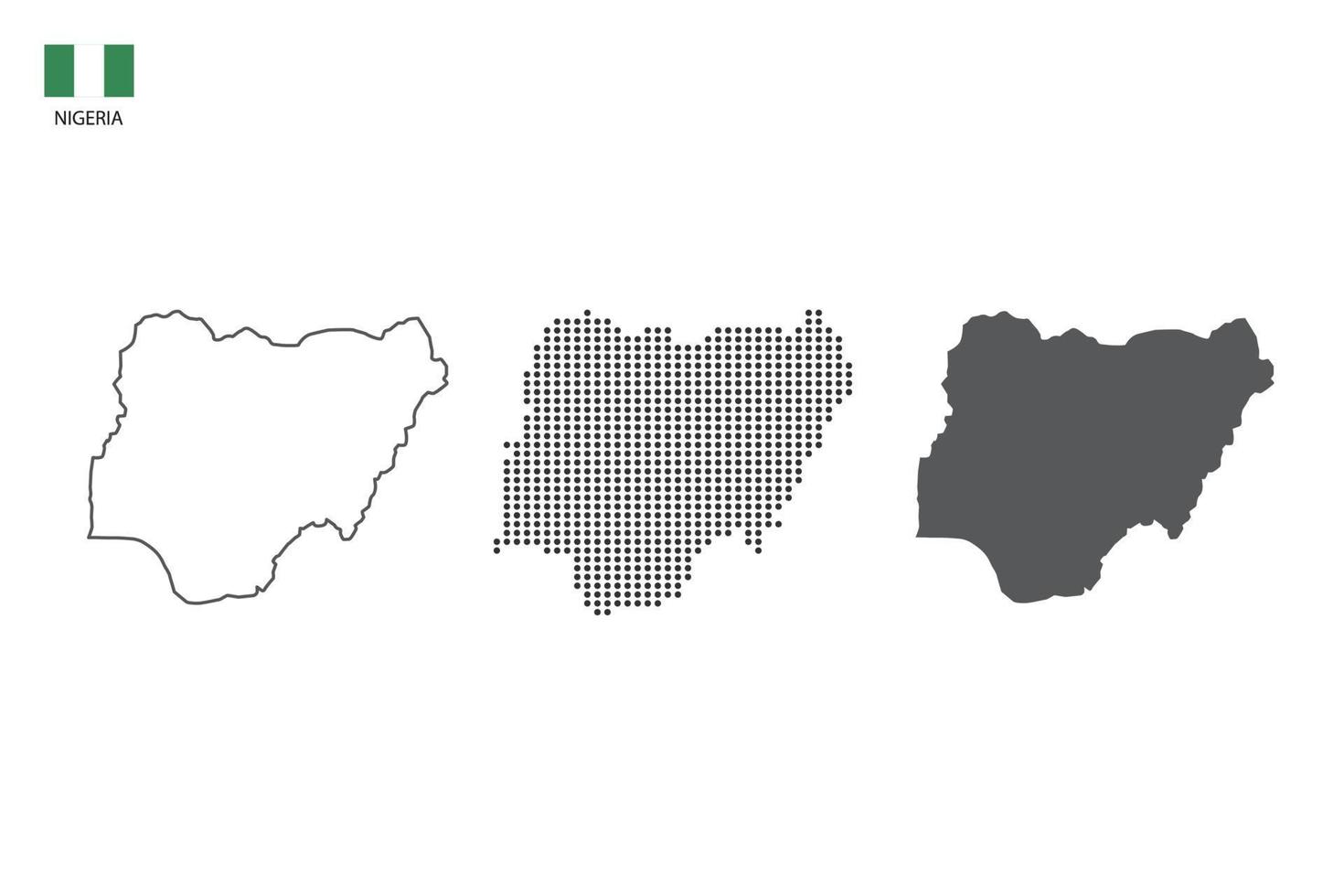 3 versiones del vector de ciudad de mapa de nigeria por estilo de simplicidad de contorno negro delgado, estilo de punto negro y estilo de sombra oscura. todo en el fondo blanco.