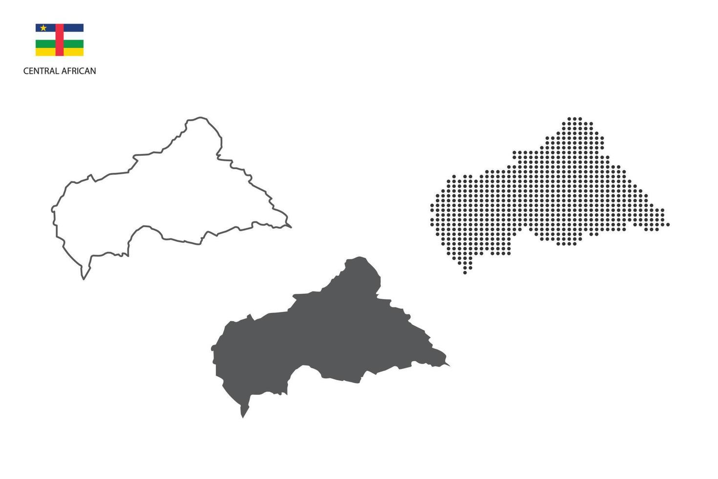 3 versions of Central African map city vector by thin black outline simplicity style, Black dot style and Dark shadow style. All in the white background.