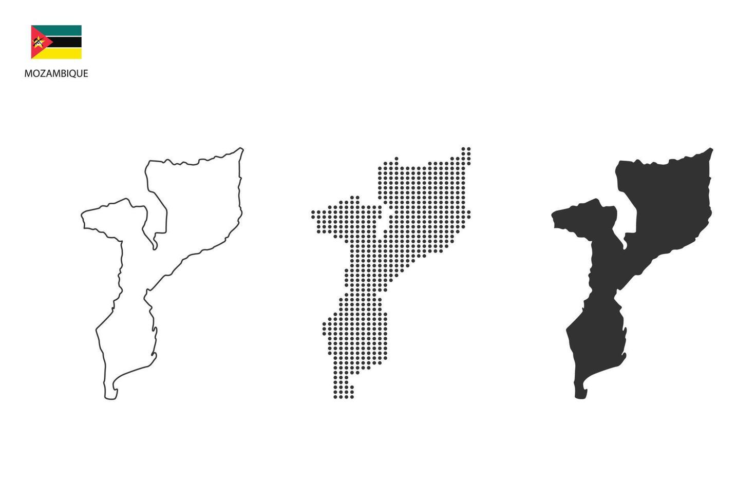 3 versiones del vector de la ciudad del mapa de mozambique por estilo de simplicidad de contorno negro delgado, estilo de punto negro y estilo de sombra oscura. todo en el fondo blanco.